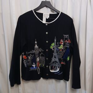 Vtg MCX Signature Cardigan Sz Medium Button Up Black Embroidered World Traveler